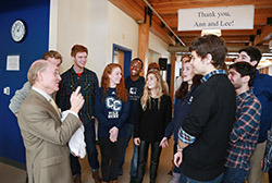President Higdon talks with students at a recent event in his honor.