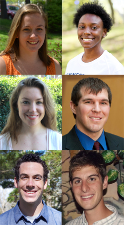 The 2013 Fulbright winners. Top row (from left): Rebecca Tisherman ’13 and Candace Taylor '13. Second row: Monica Raymunt '09 and Evan Piekara '07. Third row: Andrew Greaves '13 and Andrew Gatti '10.