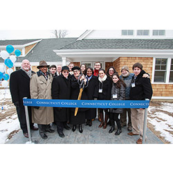President Katherine Bergeron prepares to cut the ribbon to officially open the Zachs Hillel House. Scroll down to see a slideshow of additional pictures from the opening.