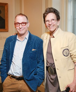 Humorist and best-selling author David Sedaris poses with Connecticut College Writer-in-Residence and Weller Professor of English Blanche Boyd at the College’s Klagsbrun Symposium Oct. 15.