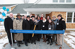 President Katherine Bergeron prepares to cut the ribbon to officially open the Zachs Hillel House. Scroll down to see a slideshow of additional pictures from the opening.