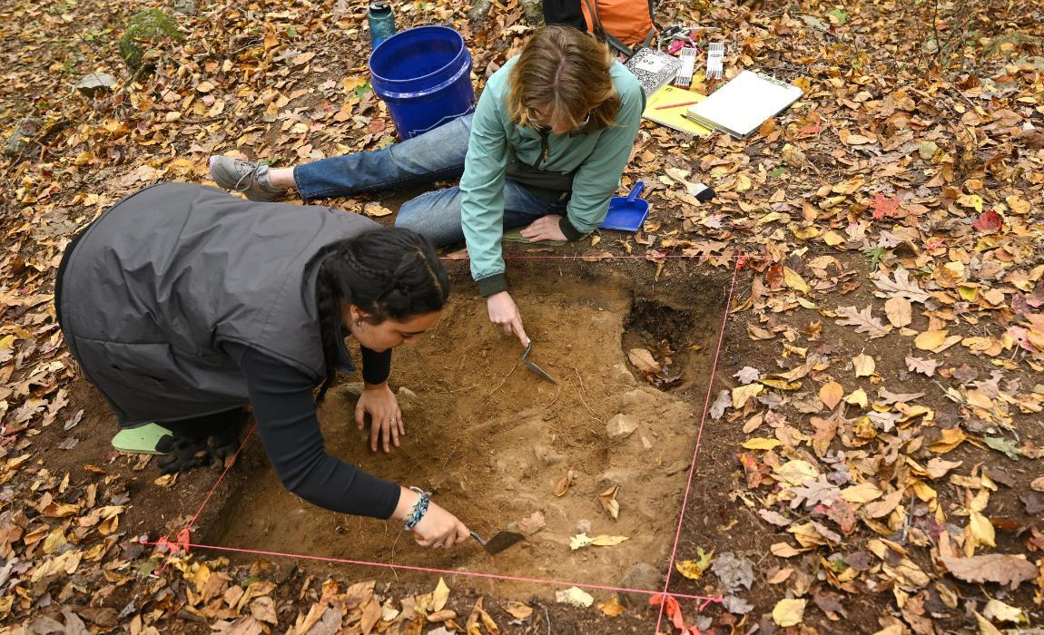 Students in a field archaeology class working at a site in East Lyme.