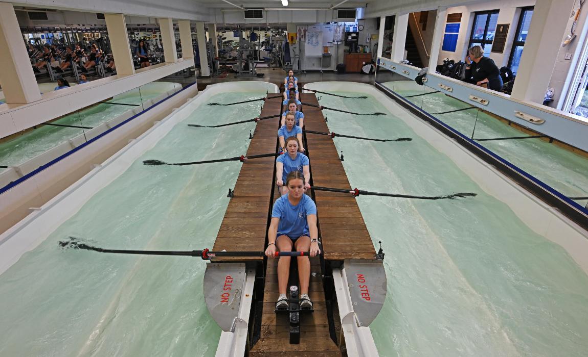 Women's indoor rowing practice.