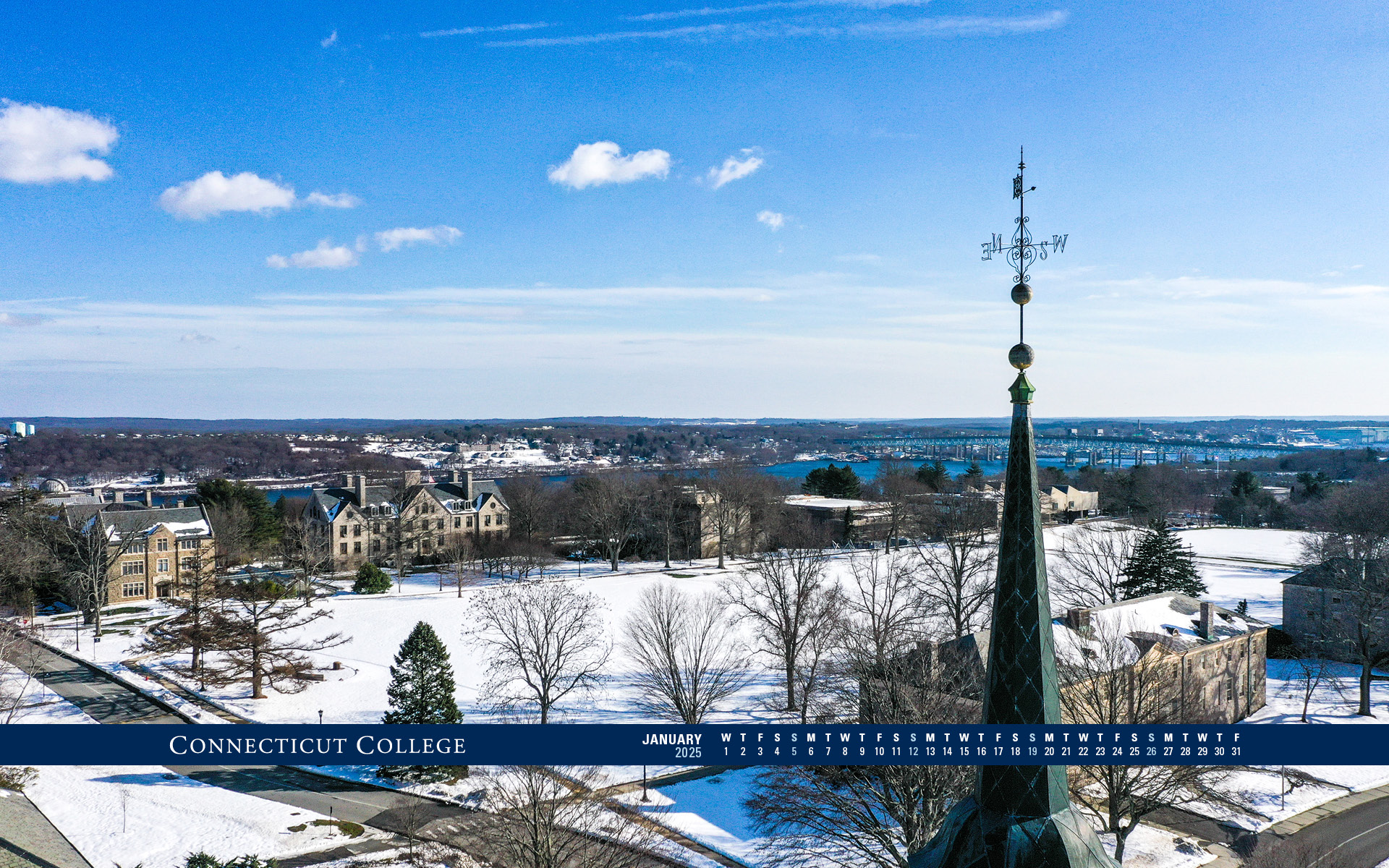 Overhead of campus in the winter with calendar graphic