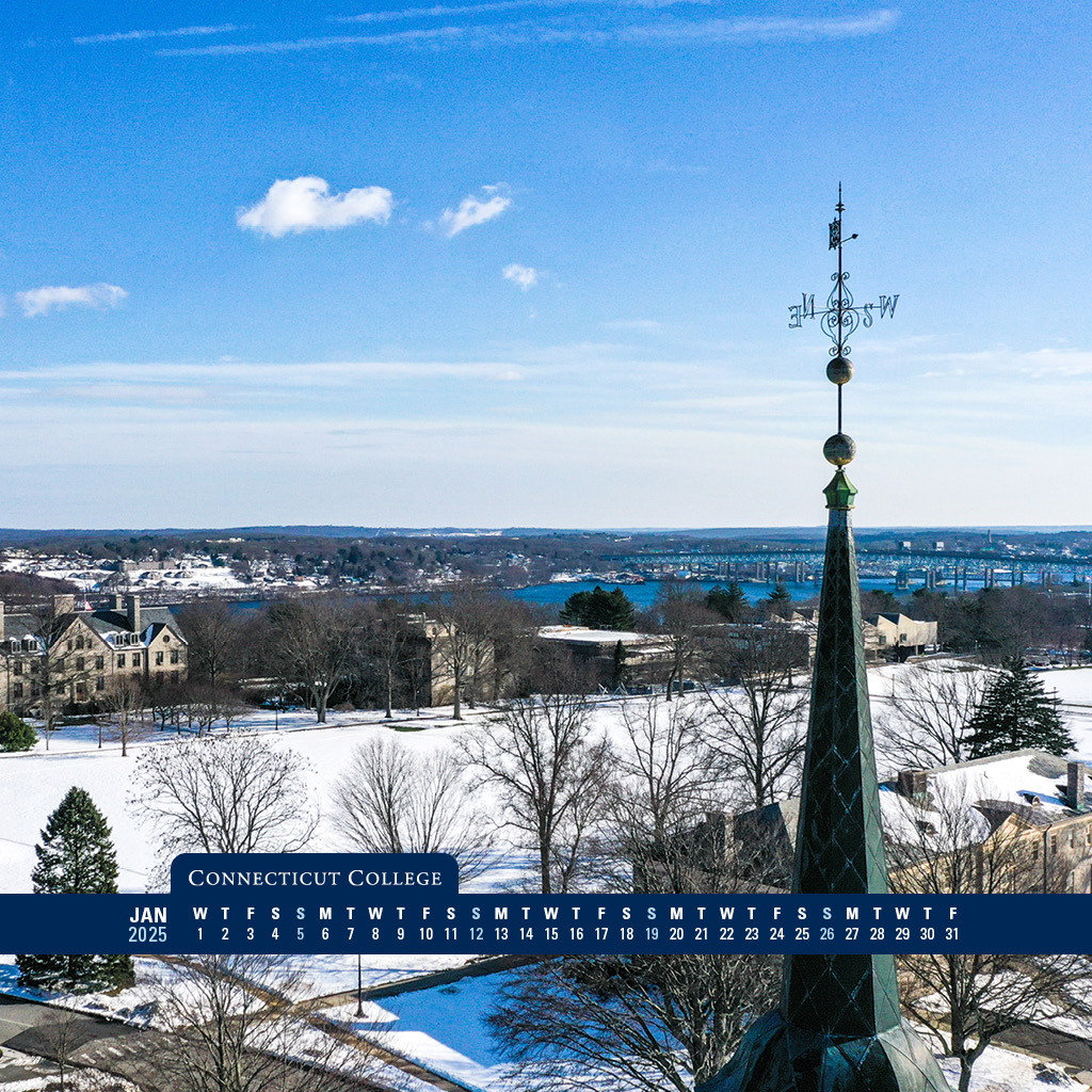 Overhead of campus in the winter with calendar graphic