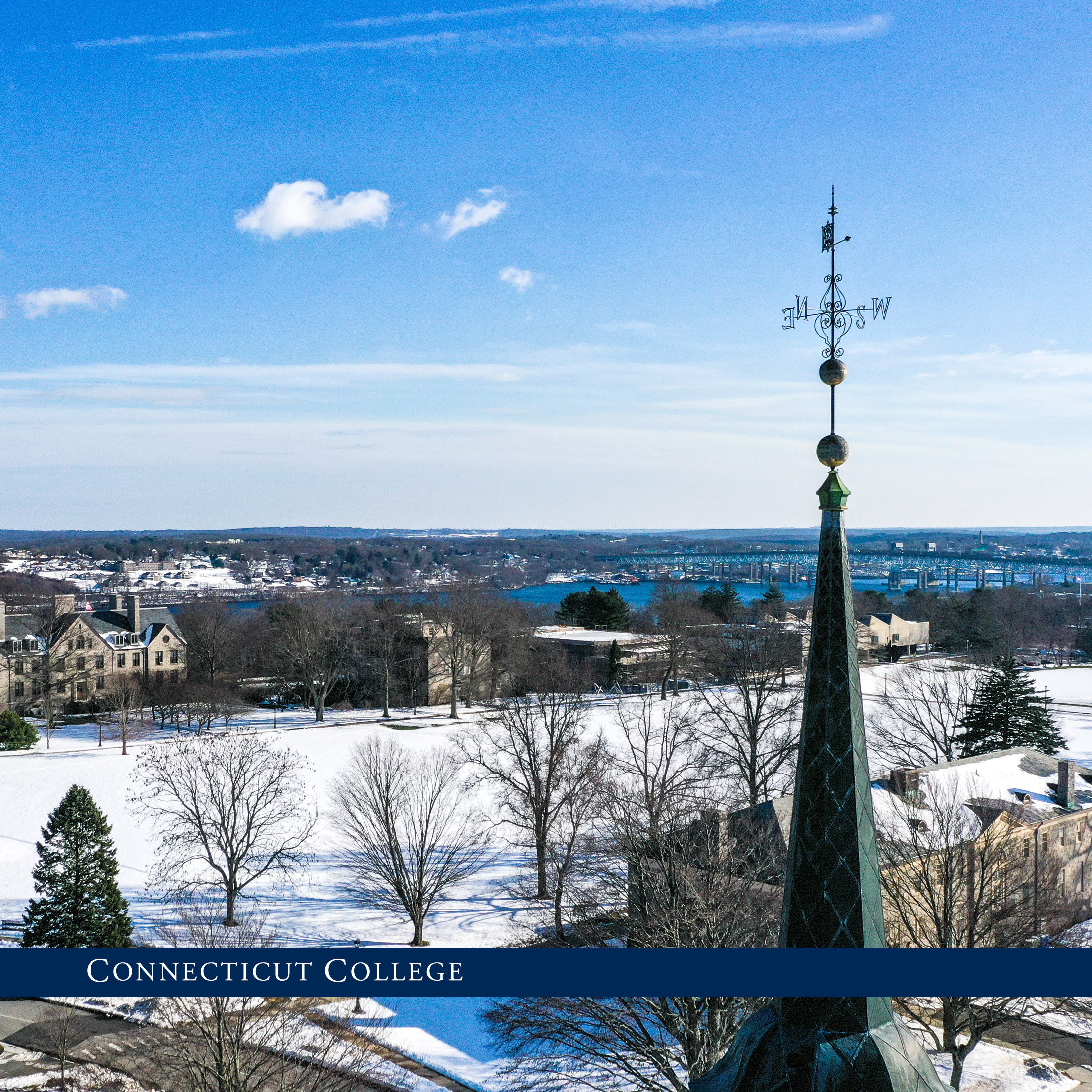 Overhead of campus in the winter with calendar graphic