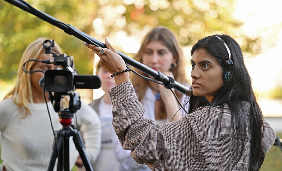 Students work with film equipment during a Tools of Motion Picture Production class.