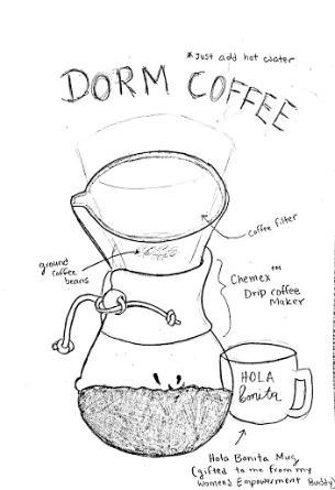 Hand drawn image by Dani Maney of her Chemex coffee maker