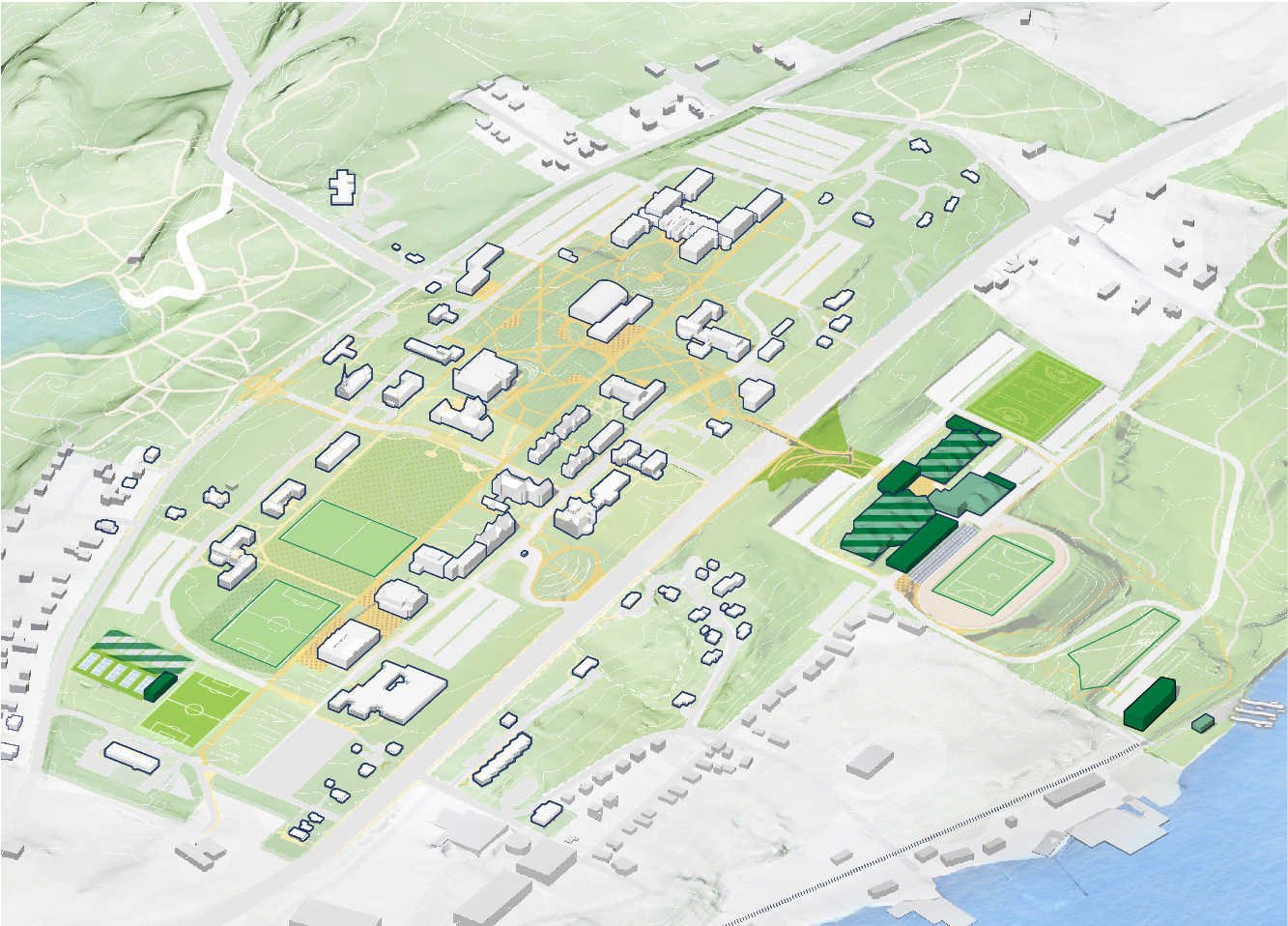 A concept rendering showing the proposed improvements to campus that support athletic life.