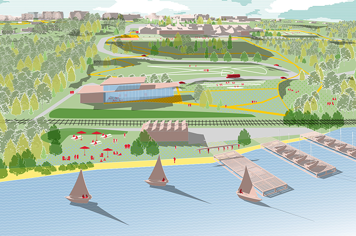Concept rendering of Waterfront Park, utilizes the open spaces adjacent to the new boathouse along the Thames River.