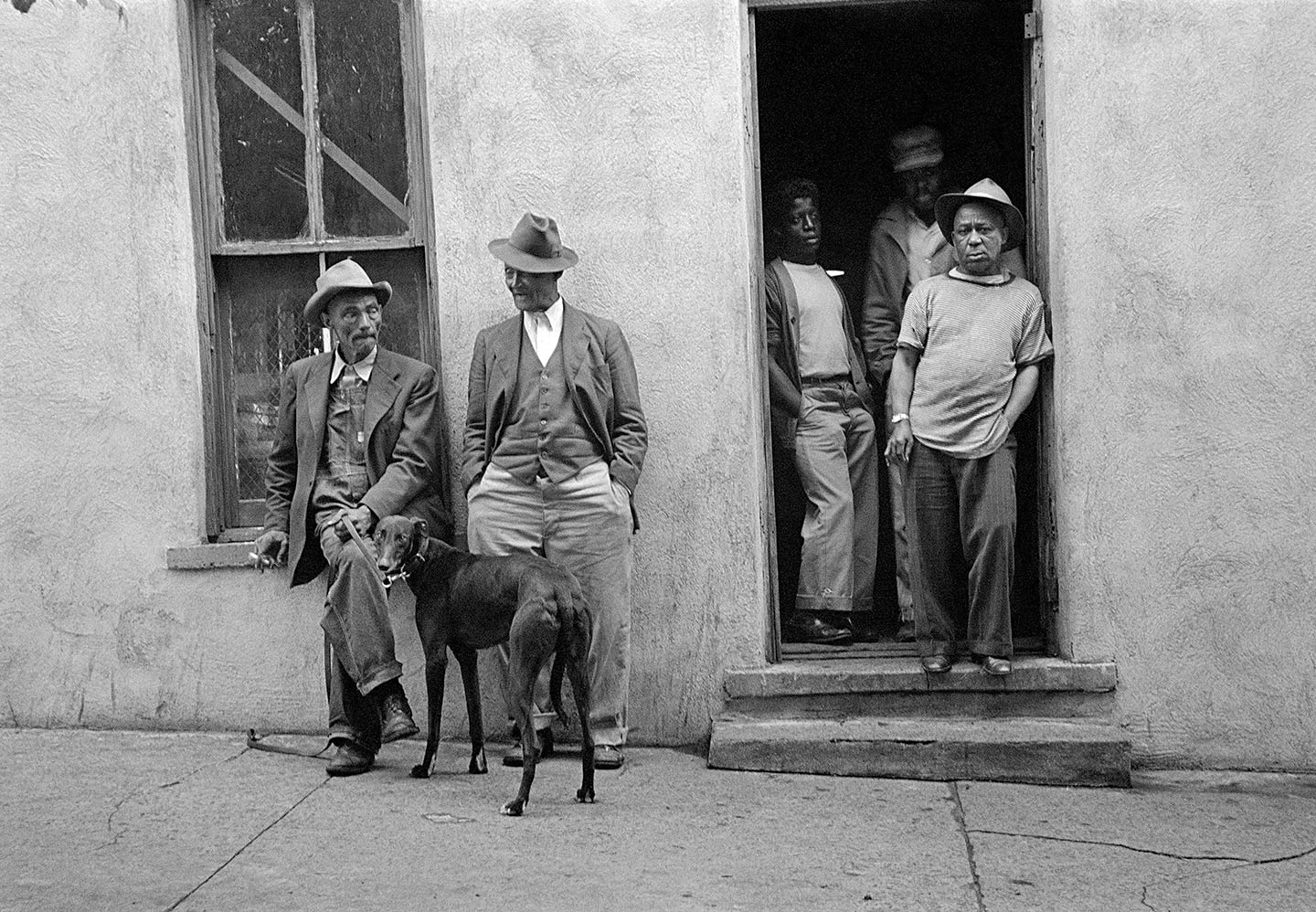 Pool Hall, Fort Scott, Kansas, 1950, photo of 5 men and a dog