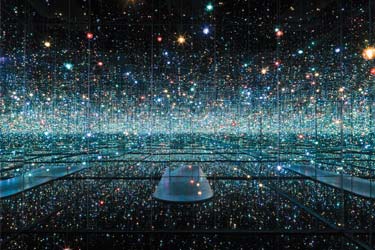 Infinity Mirrored Room – The Souls of Millions of Light Years Away, 2013. Wood, metal, glass mirrors, plastic, acrylic panel, rubber, LED lighting system, acrylic balls and water, 113 1/4 x 163 1/2 x 163 1/2 in.  Courtesy of David Zwirner, N.Y. © Yayoi Kusama