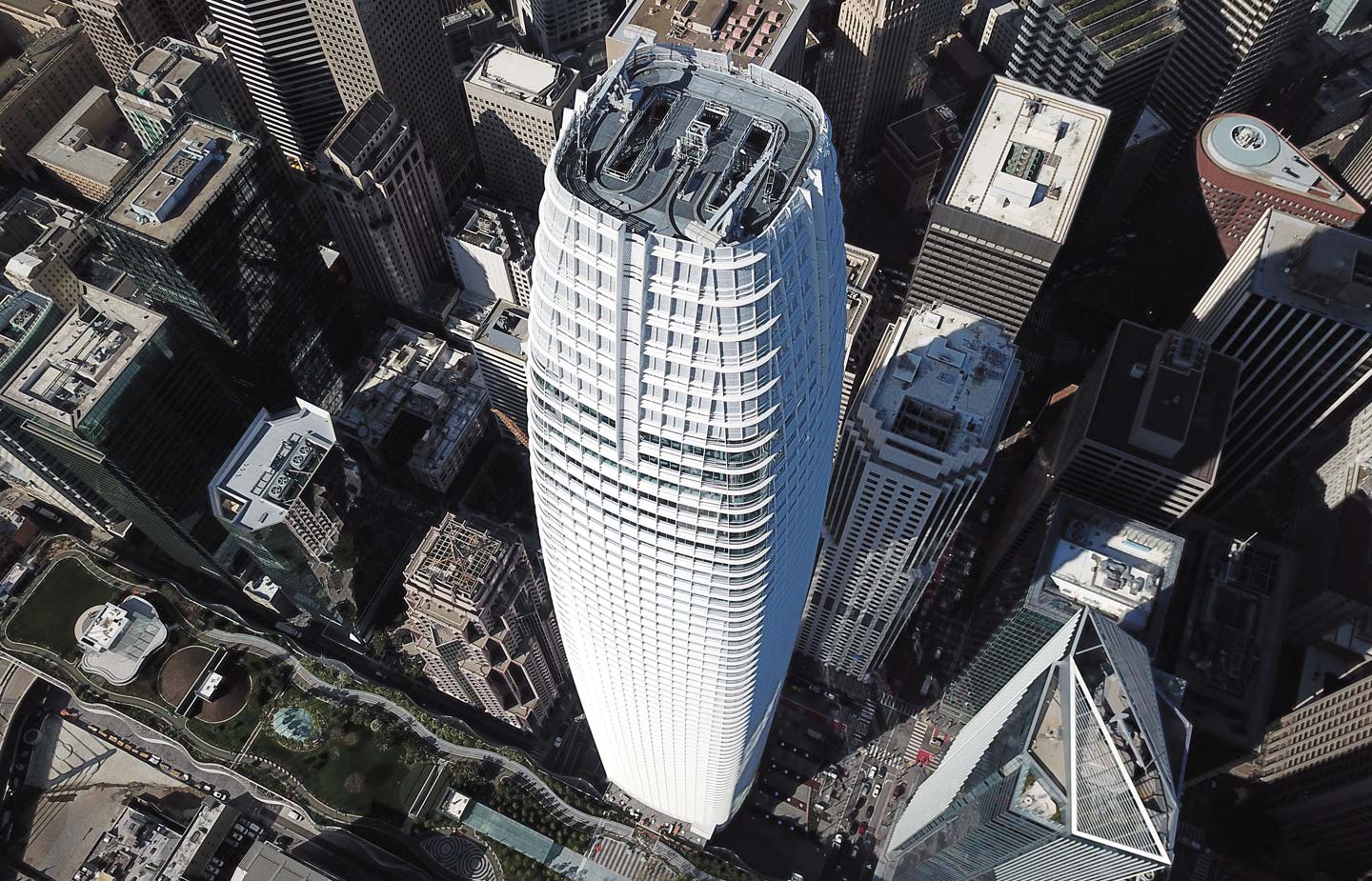 Aerial image of the Salesforce building in San Francisco