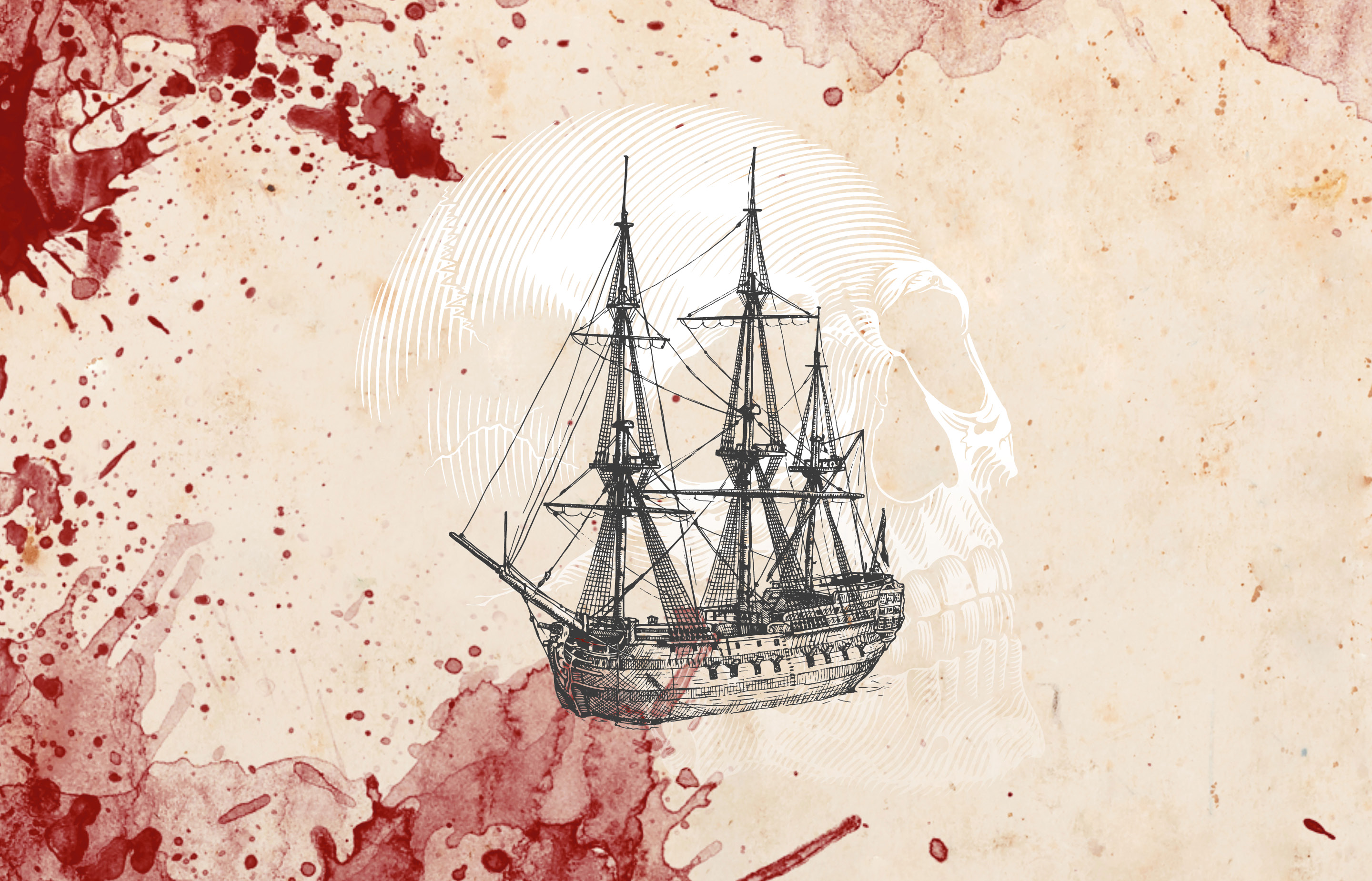 Illustration of an old ship with a skull behind it