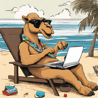 Camel sitting in a chair at the beach looking at a laptop