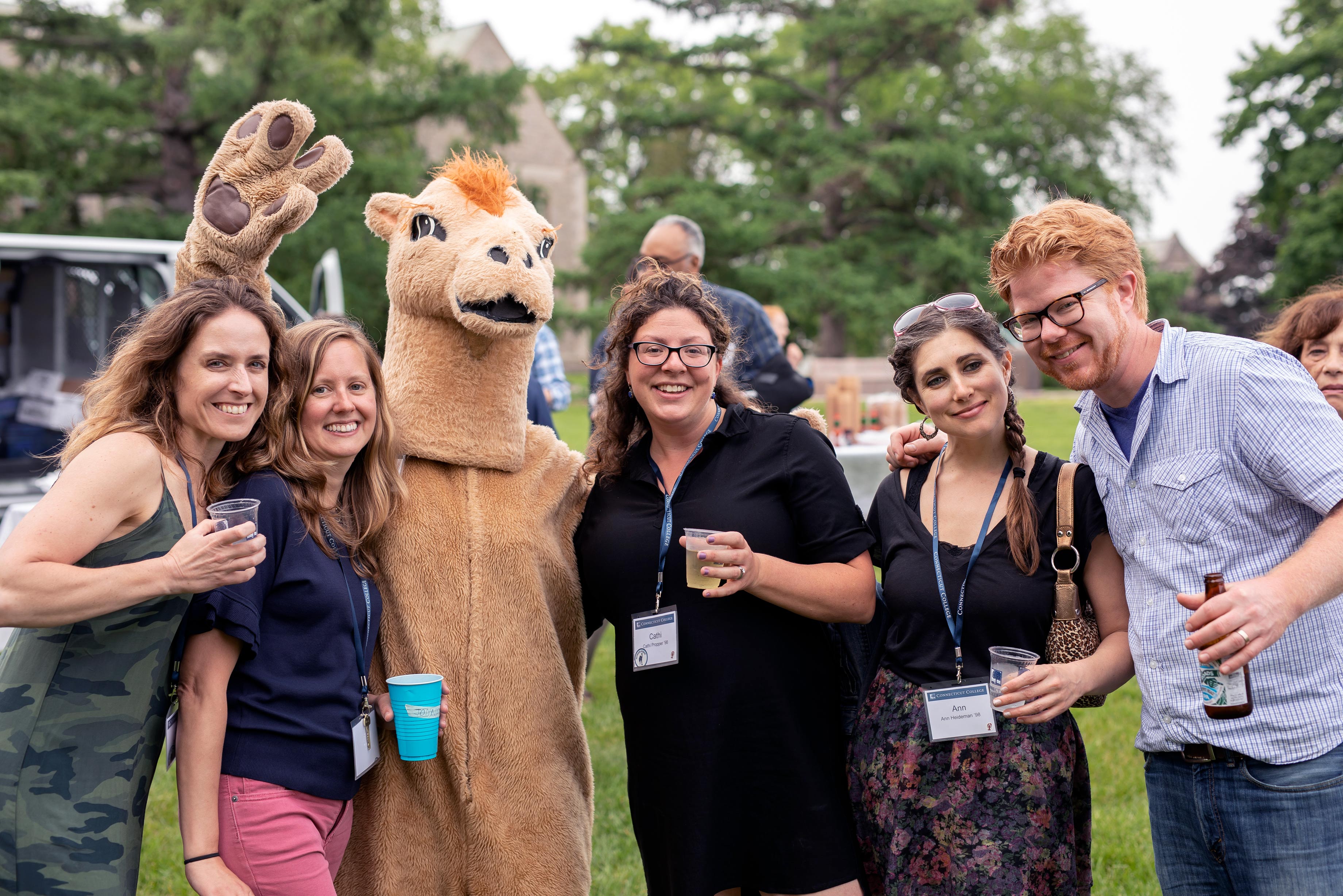 Alums with the camel mascot at Reunion 2018
