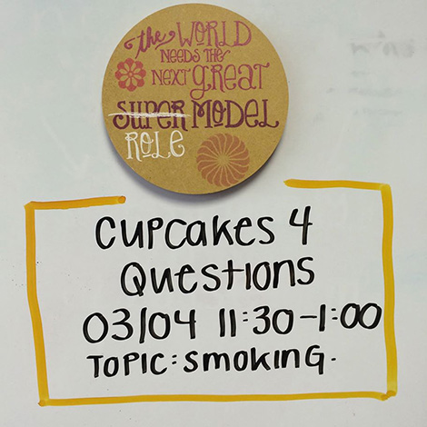 Advertisement for cupcakes and discussion about smoking