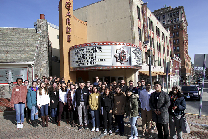 A group shot of all of the participants and group leaders in front of the Garde Arts Center.
