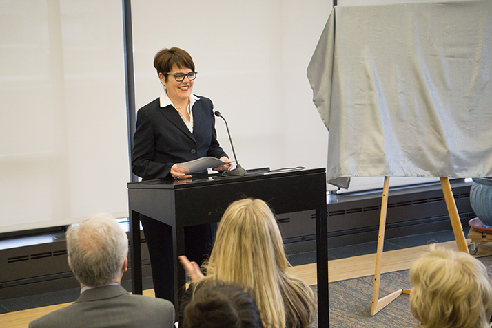 President Katherine Bergeron speaks at the campus event.