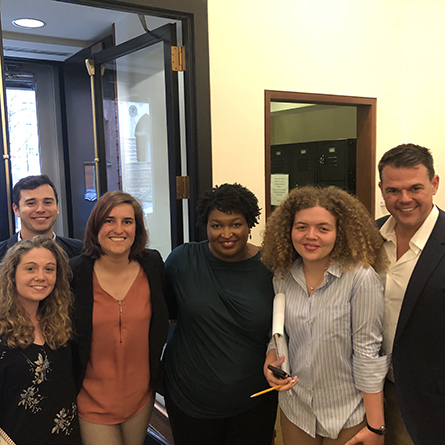 From left: Dana Gallagher ’19, Jackson Bistrong ’19, Sharon Van Meter ’20, former Georgia gubernatorial candidate Stacey Abrams, Katherine Farr ’21 and Professor of History and American Studies Jim Downs.