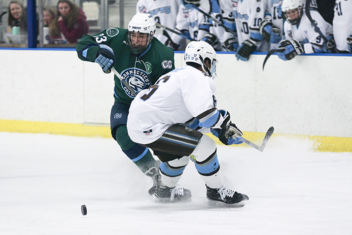 An action shot from the Green Dot Hockey Game. 