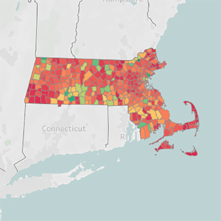 Sam Crockford ’22 created a series of interactive maps to explore the relationship between societal factors and regional deaths caused by alcohol, drug use and suicide in Massachusetts.