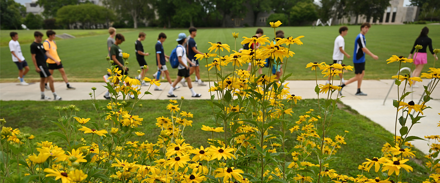 Flowers fill the foreground as students walk along Tempel Green.