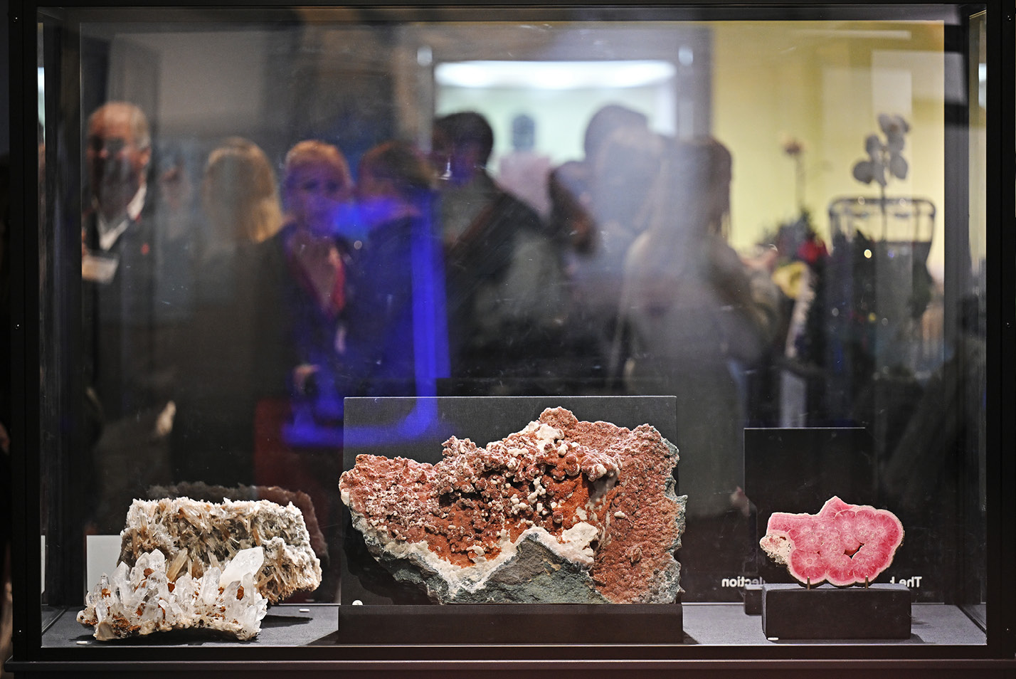 Geodes in a display case at the alumni holiday party at the Boston Museum of Science.