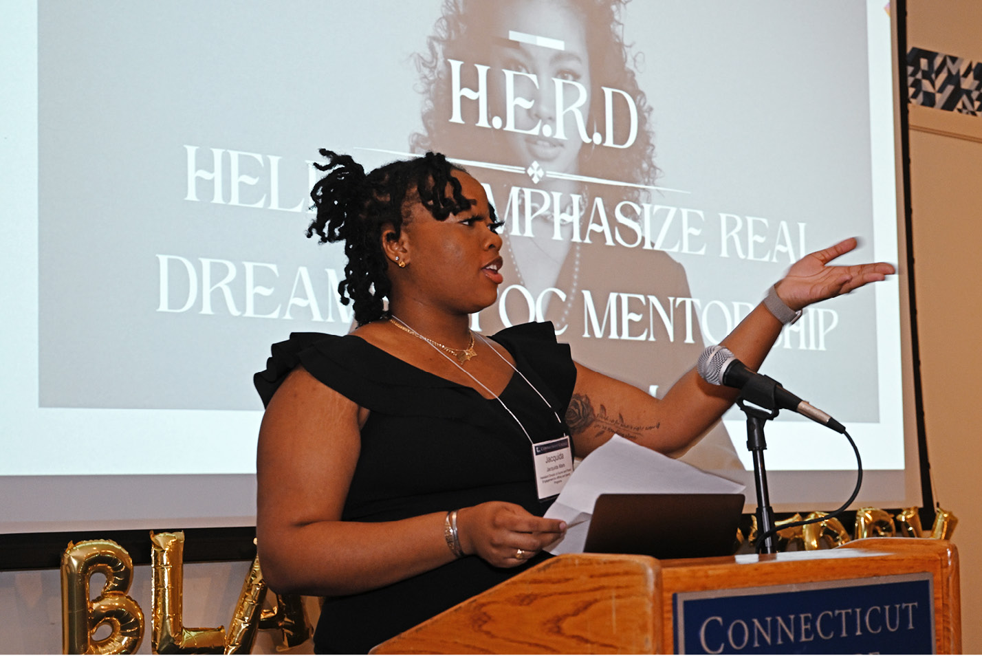 Jacquida Mars, Assistant Director of Alumni & Parent Engagement, speaking at the Black History Month Gala in February 2023.