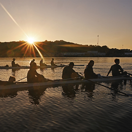 Men's crew rows on the Thames River at dawn in October.