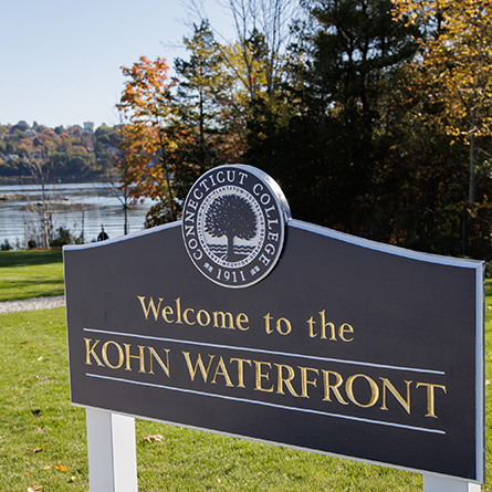 A sign welcomes visitors to the Kohn Waterfront at Connecticut College.