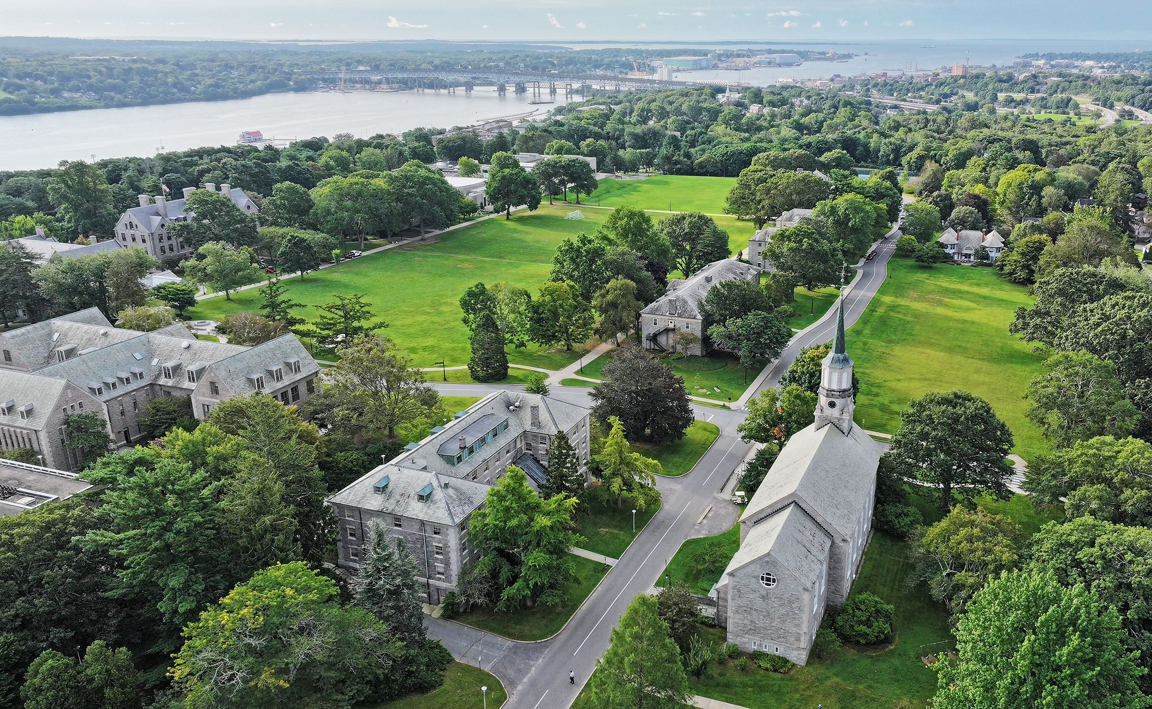 aerial view of Connecticut College campus around Tempel Green.