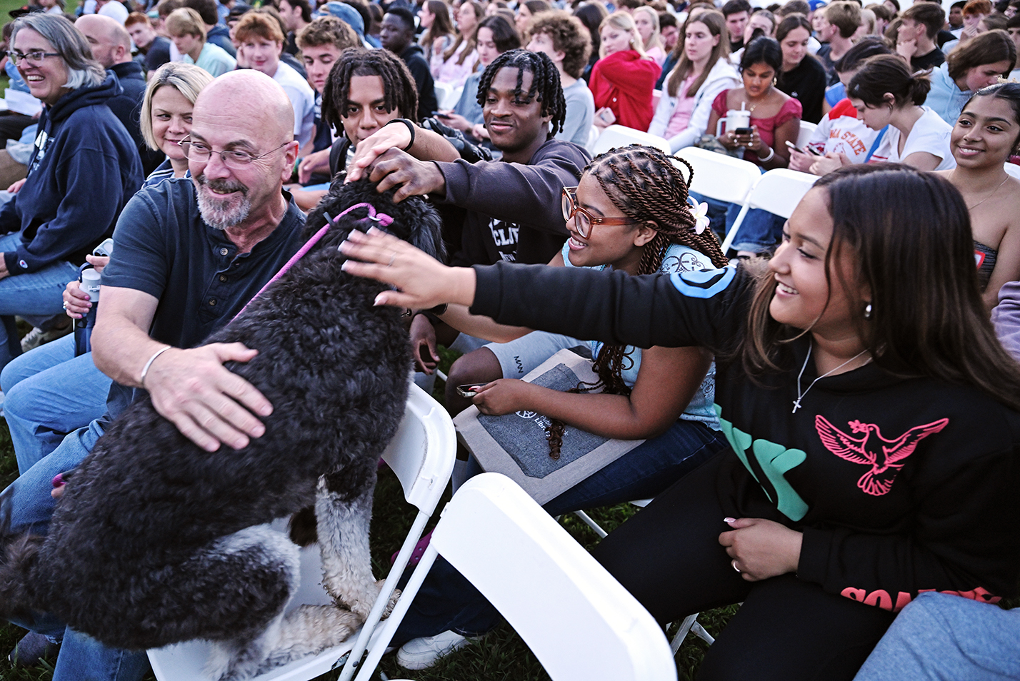 Students pet a dog in a crowd