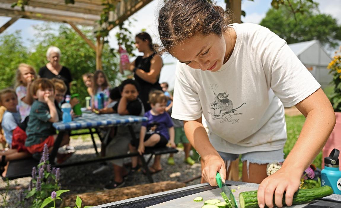 A student cuts a cucumber for PreK students during a Sprout Garden tour.