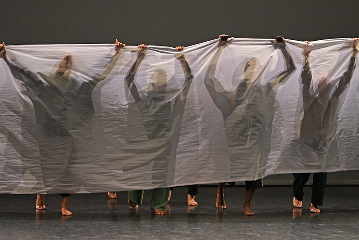 modern dancer perform shrouded in a white sheet on stage