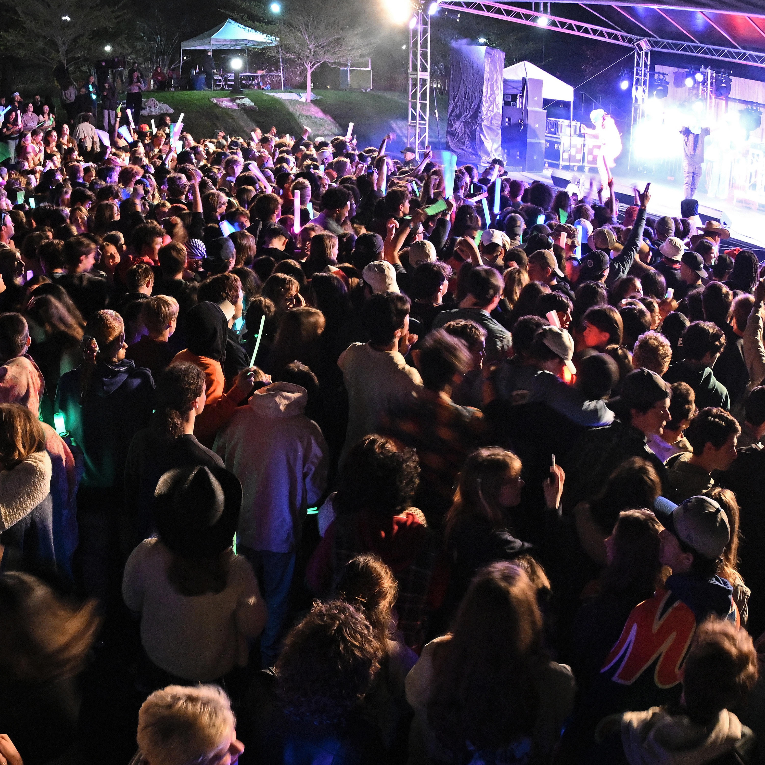 A crowd of concertgoers dance while lit by the glow from the stage