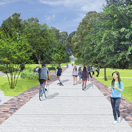 A rendering of the new pedestrian promenade in the center of campus.