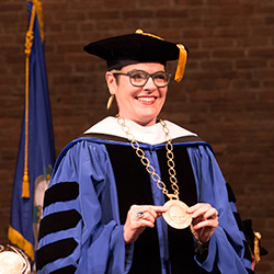As part of the installation ceremony, President Katherine Bergeron was presented with the presidential medallion. Designed to be worn on ceremonial occasions as part of the president's regalia, the medallion is a symbol of the authority entrusted to the new leader.