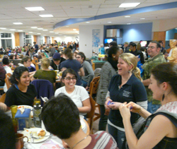 Students pack Harris Refectory for the annual moonlight breakfast study break.