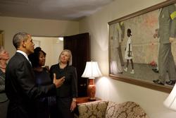 President Obama, Ruby Bridges Hall, and representatives of the Norman Rockwell Museum view Rockwell’s painting. (White House photo by Pete Souza)