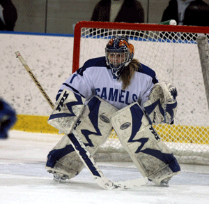 Lauren Mellen '09 had 53 saves in the Camels' 2-1 victory over Trinity in the NESCAC quarterfinals Saturday. The Camels will make their first appearance in the NESCAC final four this weekend.