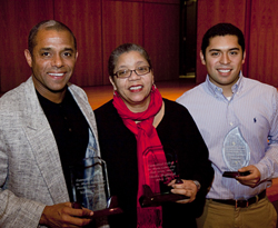 William Wuyke, left; the Rev. Claudia Highbaugh, center; and Jason Cordova ´10, right, were honored with  the college´s annual Dr. Martin Luther King Jr. Service Awards during a celebration of King´s life Jan. 29.