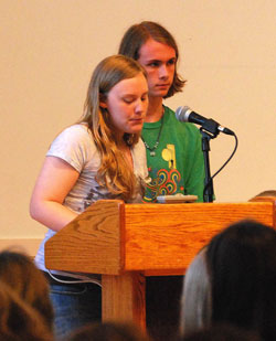 Brittany Armstrong '13 and Andrew Sowle '13 speak about being a good ally at the recent LGBTQ Teach-In on Homophobia, Bullying and Suicide. In addition to speaking during the 