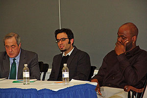 (Left to right) Jay Levin '73, Ahmed Kanna from Trinity College and David Canton, assistant professor of history at Connecticut College, discuss the Obama presidency.