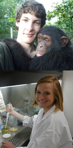 Christopher Krupenye ´11 (top, with an orphaned chimpanzee at the Limbe Wildlife Centre in Cameroon) and Kelsey Taylor ´11 (bottom, in the Bioorganic Lab in Hale Laboratory) have been named 2010 Goldwater Scholars.