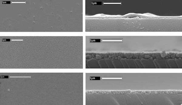 SEM images from above and edge views of Li-, Na-, and K-birnessite thin films (top to bottom, respectively).
